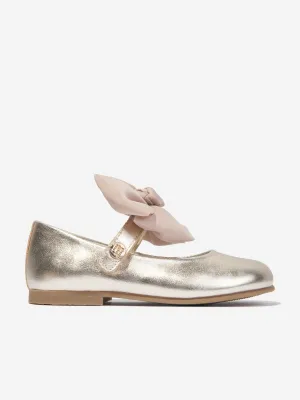 Andanines Girls Leather Bow Shoes in Gold