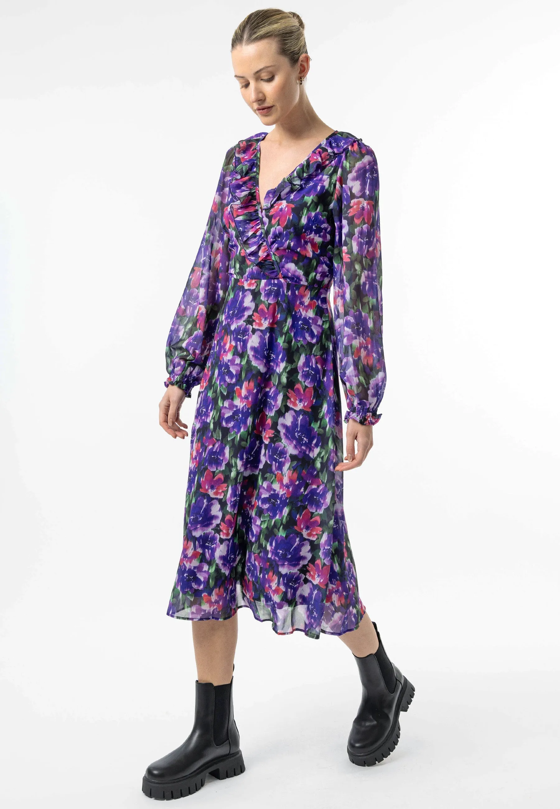 Angeleye Faux Wrap Ruffle Detail Midi Dress In Purple Floral