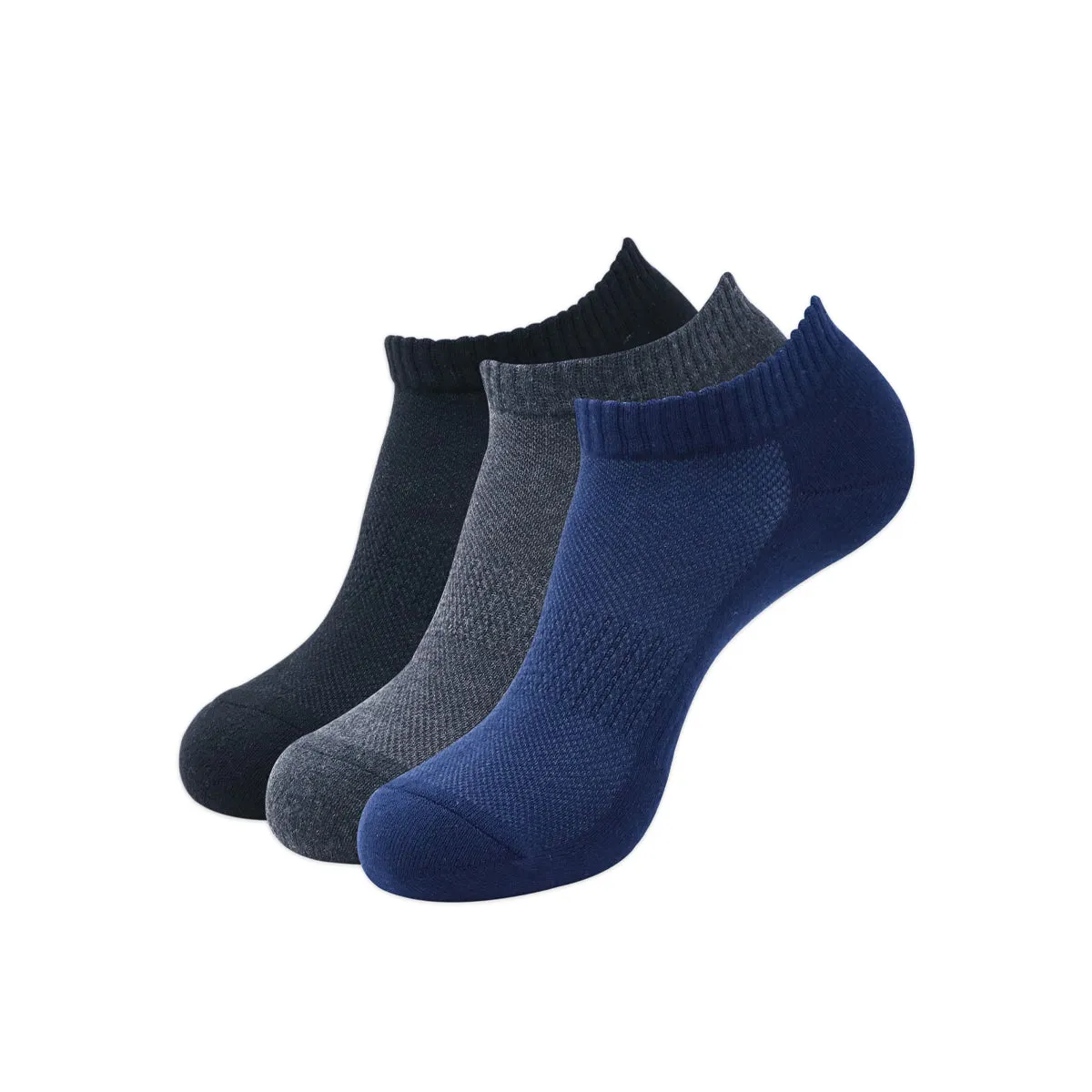 Balenzia Men's Cotton Cushioned Solid Ankle Socks with Mesh Knit, Gym Socks Free -(23 cm)Size, (Pack of 3 Pairs/1U) (Black,Navy,D.Grey)