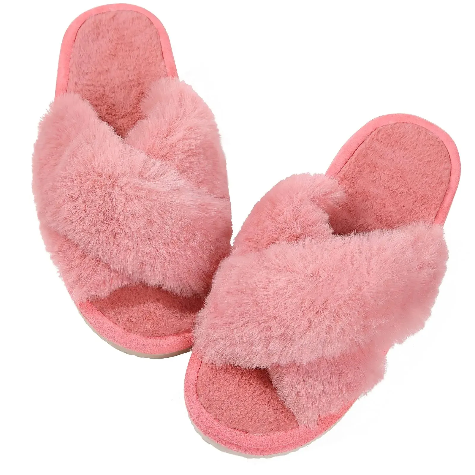 Bebealy Indoor Fluffy Slippers Women Fashion Winter Plush Open Toe Flip flops Women Fuzzy Cozy House Flip flops With Medium Arch