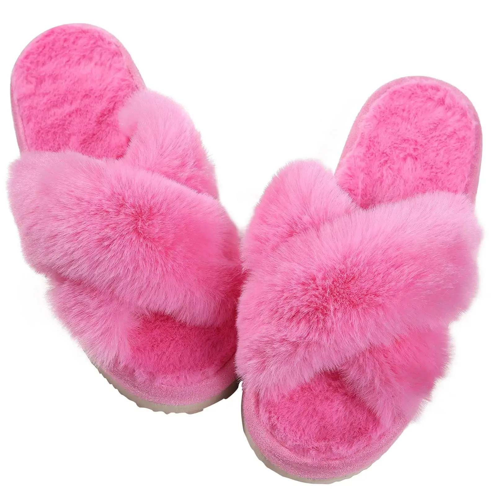 Bebealy Indoor Fluffy Slippers Women Fashion Winter Plush Open Toe Flip flops Women Fuzzy Cozy House Flip flops With Medium Arch