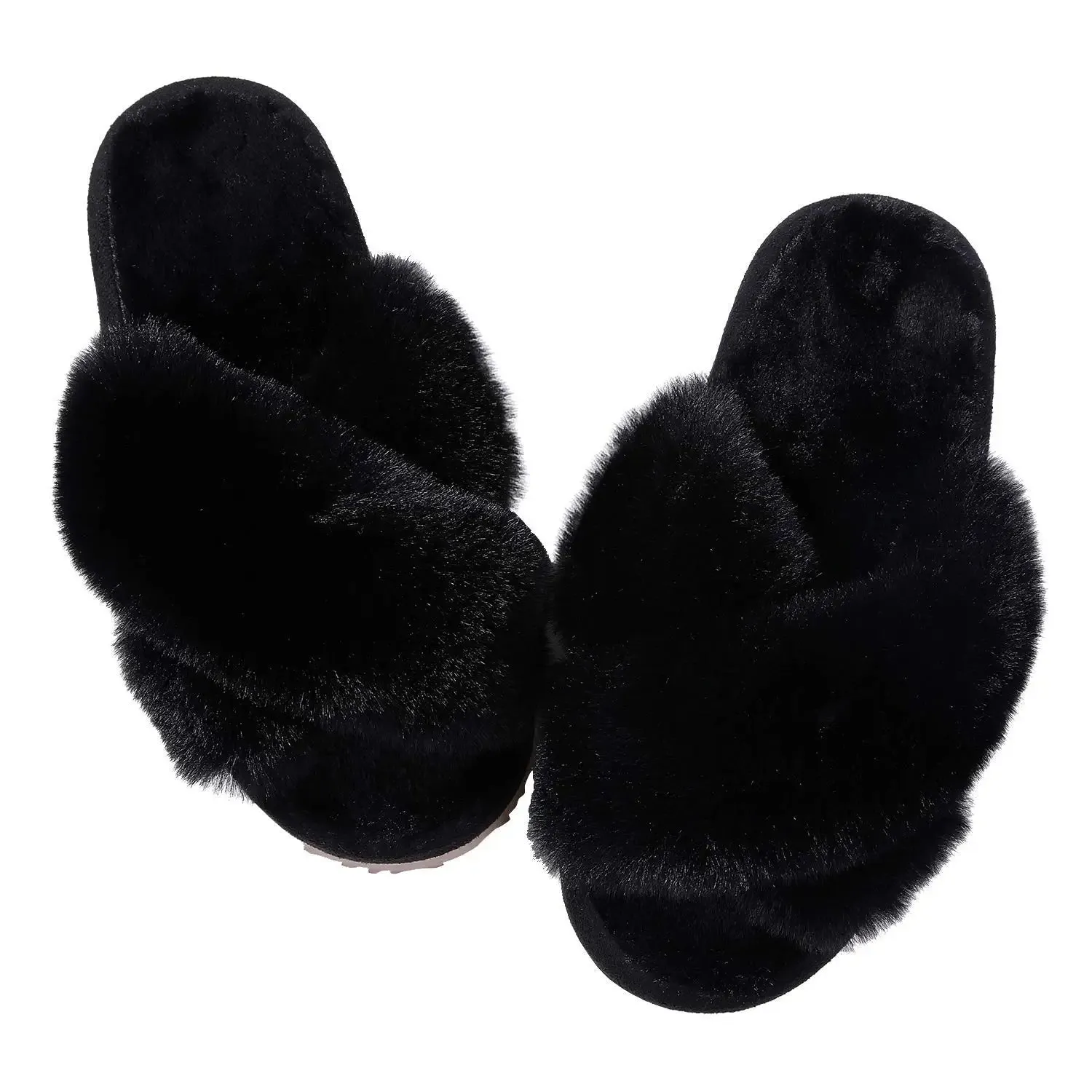 Bebealy Indoor Fluffy Slippers Women Fashion Winter Plush Open Toe Flip flops Women Fuzzy Cozy House Flip flops With Medium Arch