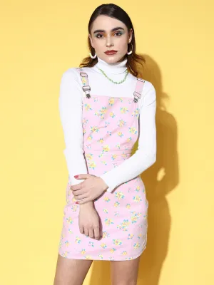 Berrylush Women Pink & Multicolour Floral Printed Square Neck Cotton Button-Up Straight Hem Pinafore Mini Dress