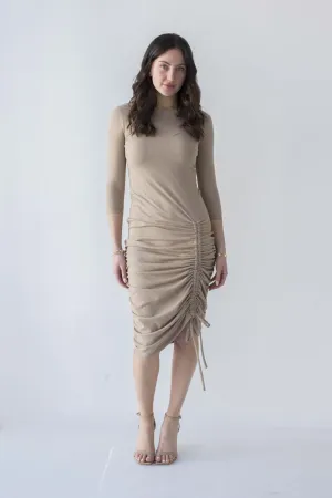 Drawstring Ribbed Midi 3/4 Sleeves in Taupe