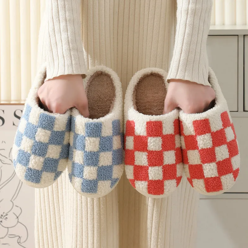 Fuzzy Plaid Warm Indoor Slippers