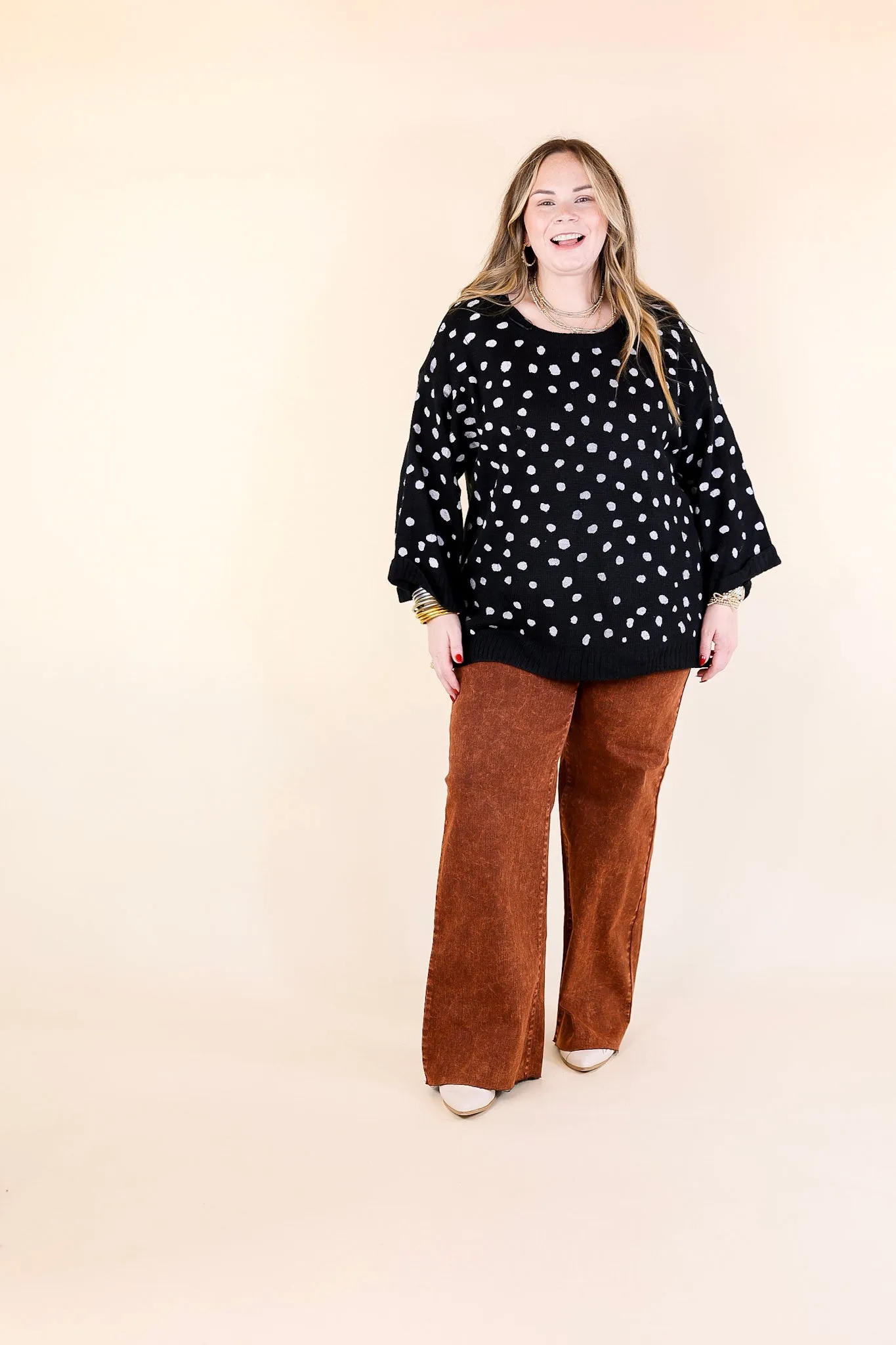 Iced Latte Love Wide 3/4 Sleeve Polka Dot Sweater in Black