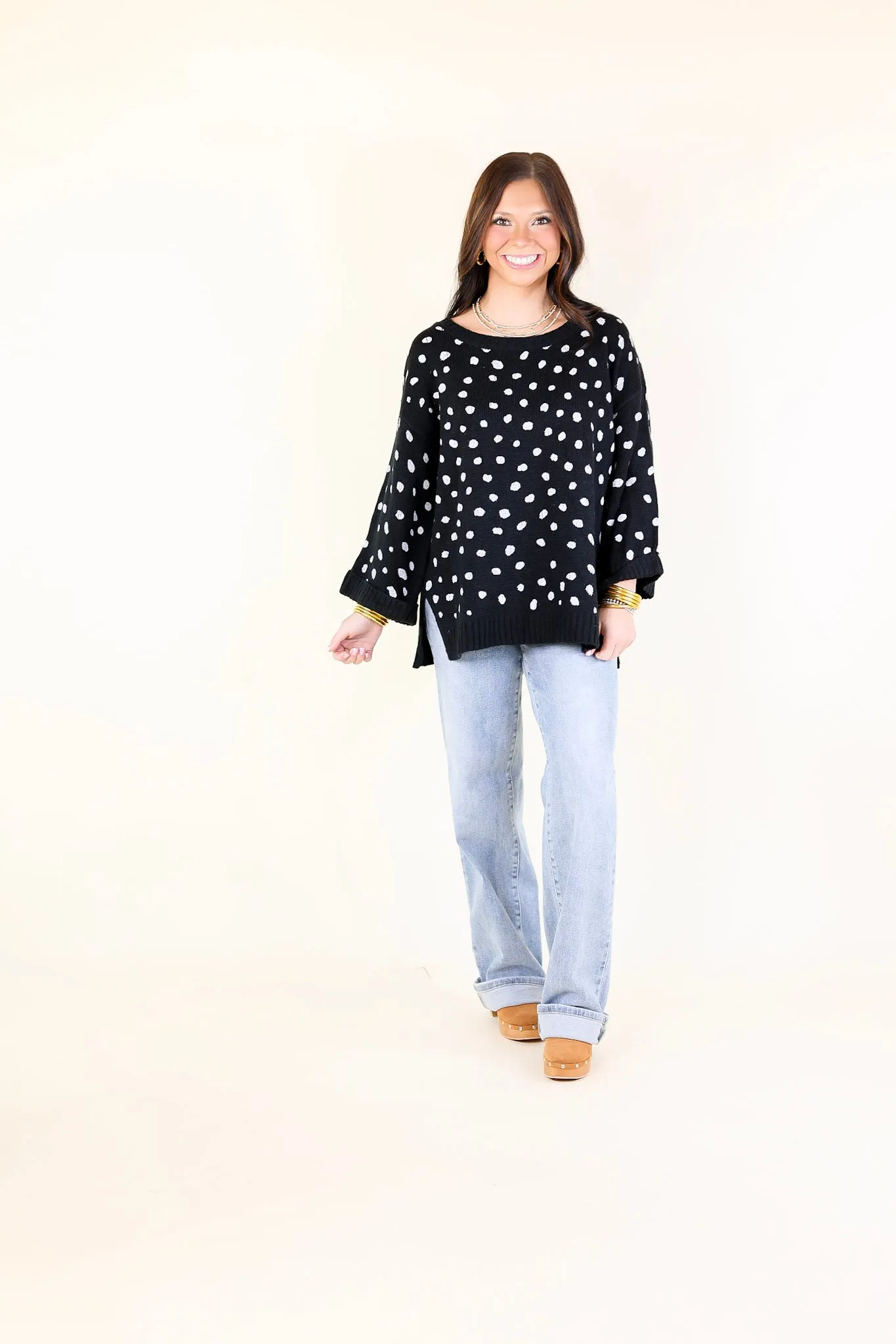 Iced Latte Love Wide 3/4 Sleeve Polka Dot Sweater in Black