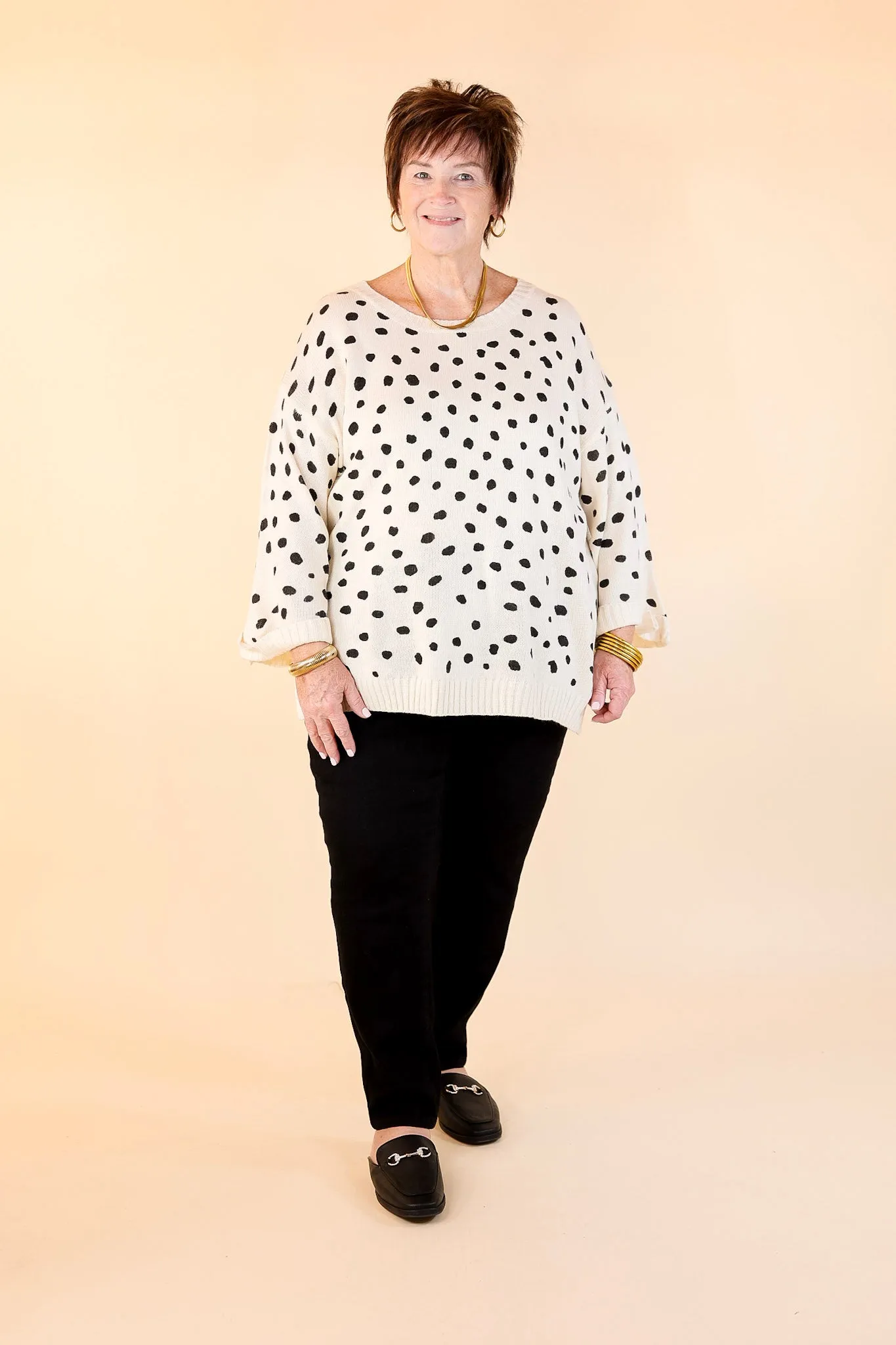 Iced Latte Love Wide 3/4 Sleeve Polka Dot Sweater in Ivory