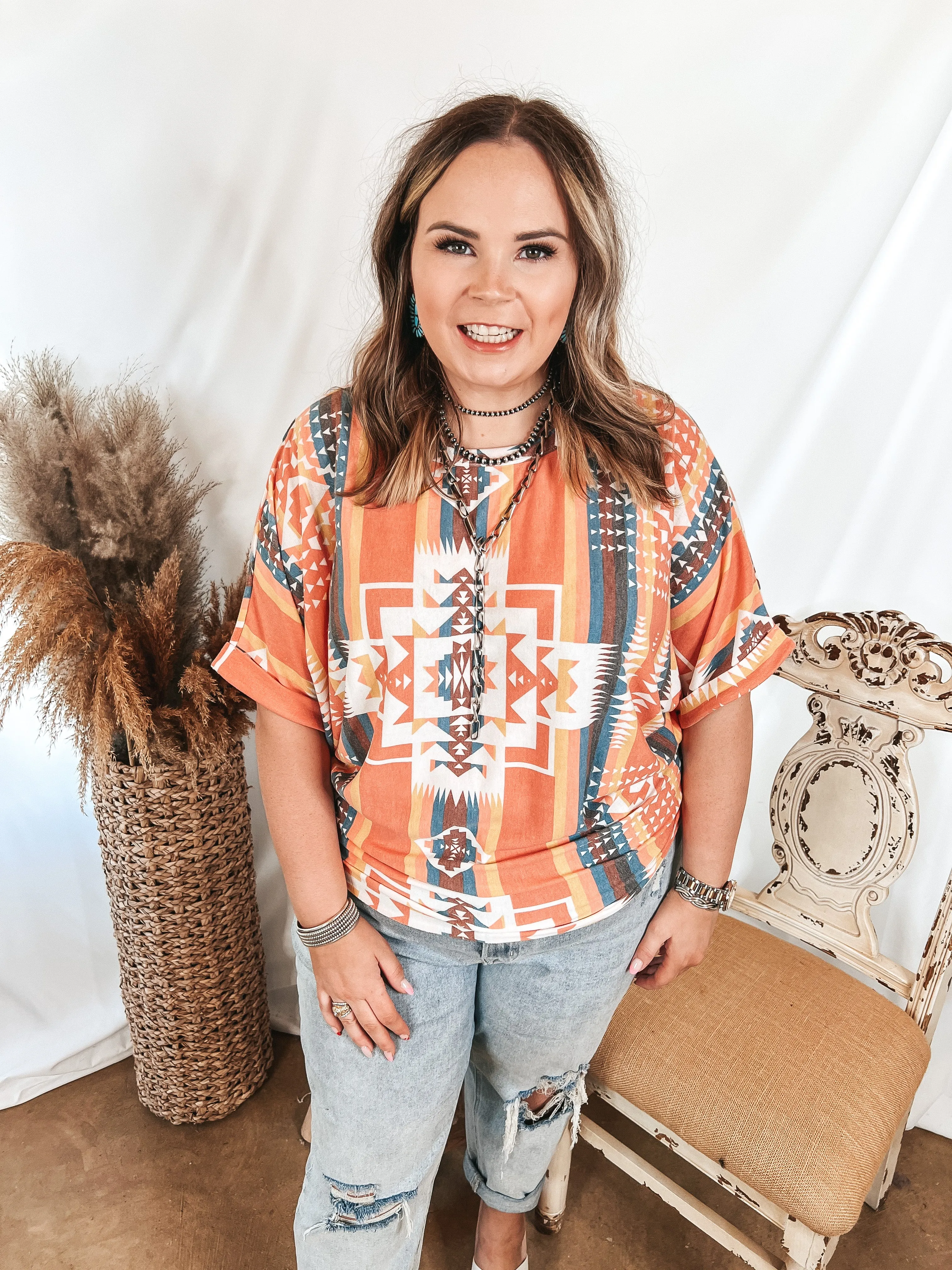 Last Chance Size Small | Western Weather Aztec Print Striped Short Sleeve Top in Coral Mix