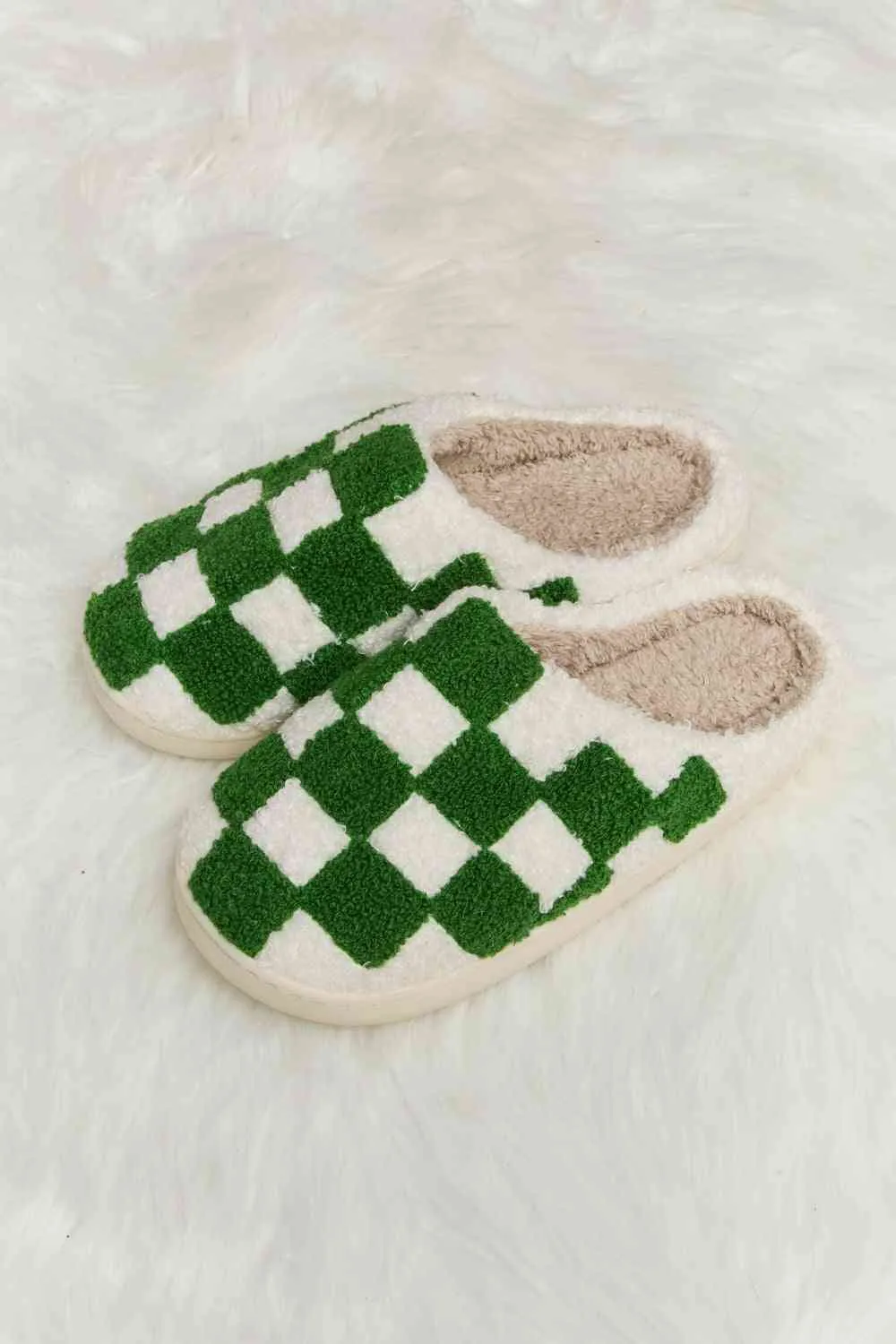 Melody Checkered Print Plush Slide Slippers - 4 Colors