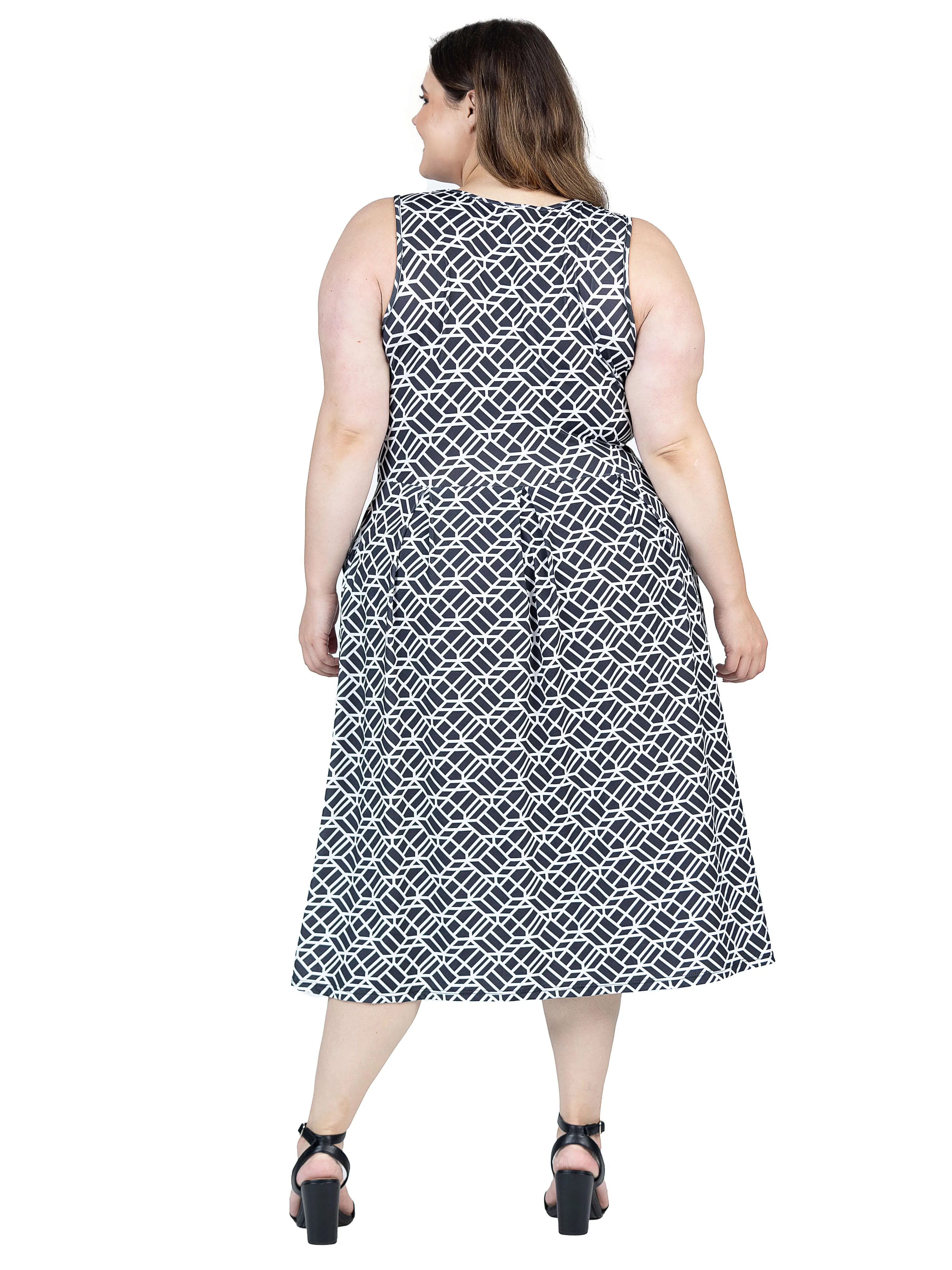 Plus Size Midi Length Black Geo Print Sleeveless Pleated Pocket Dress