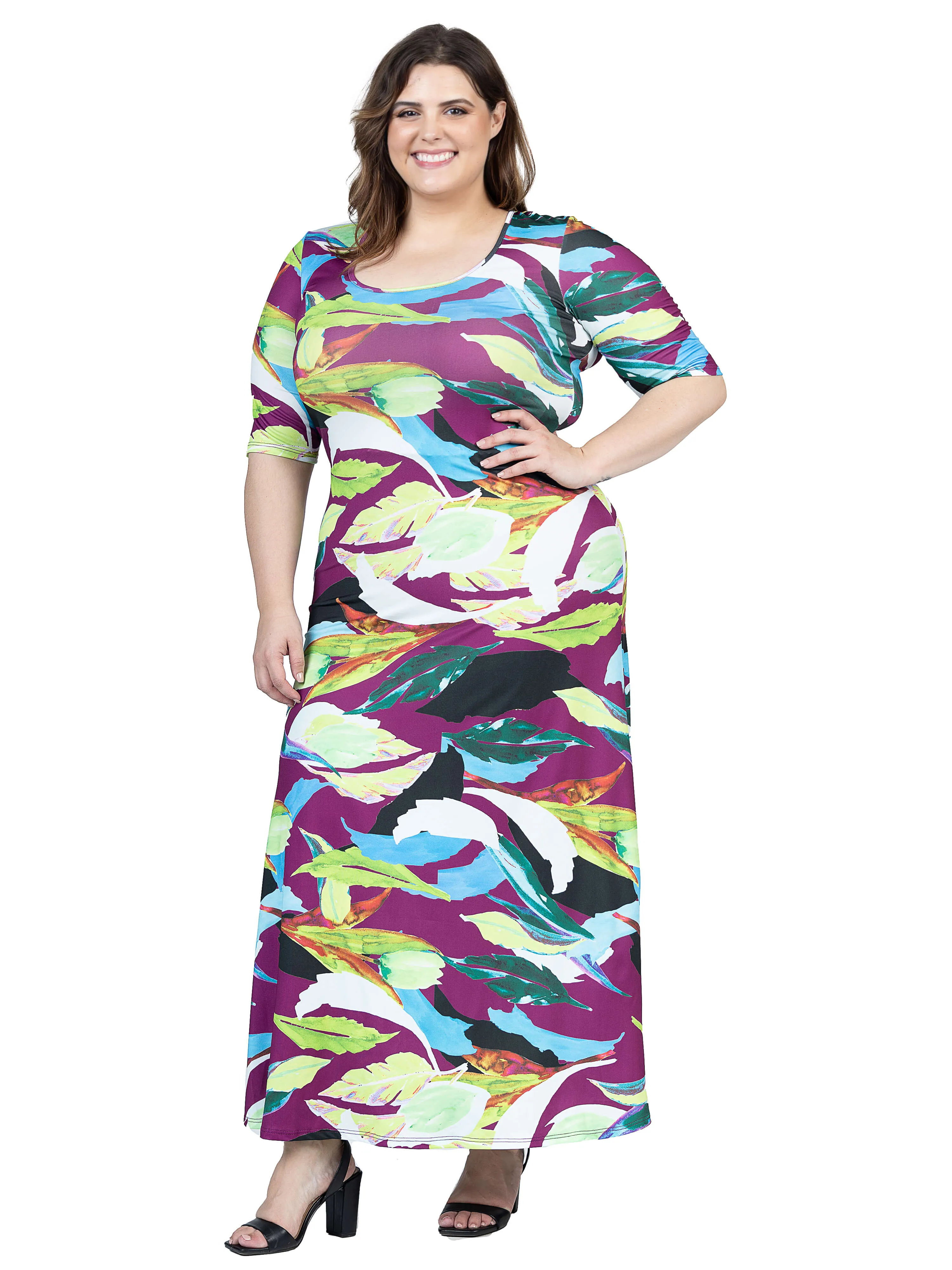 Plus Size Multicolor Floral Print Elbow Sleeve Casual A Line Maxi Dress