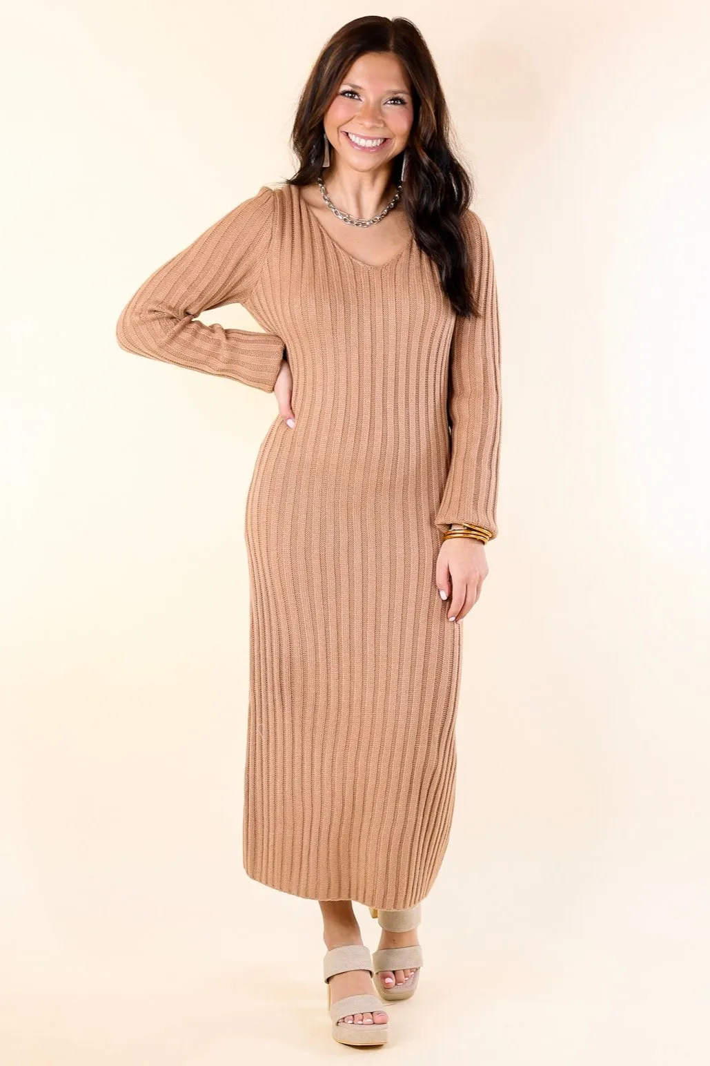 Pumpkin Spice Weather V Neck Midi Sweater Dress in Clay Nude