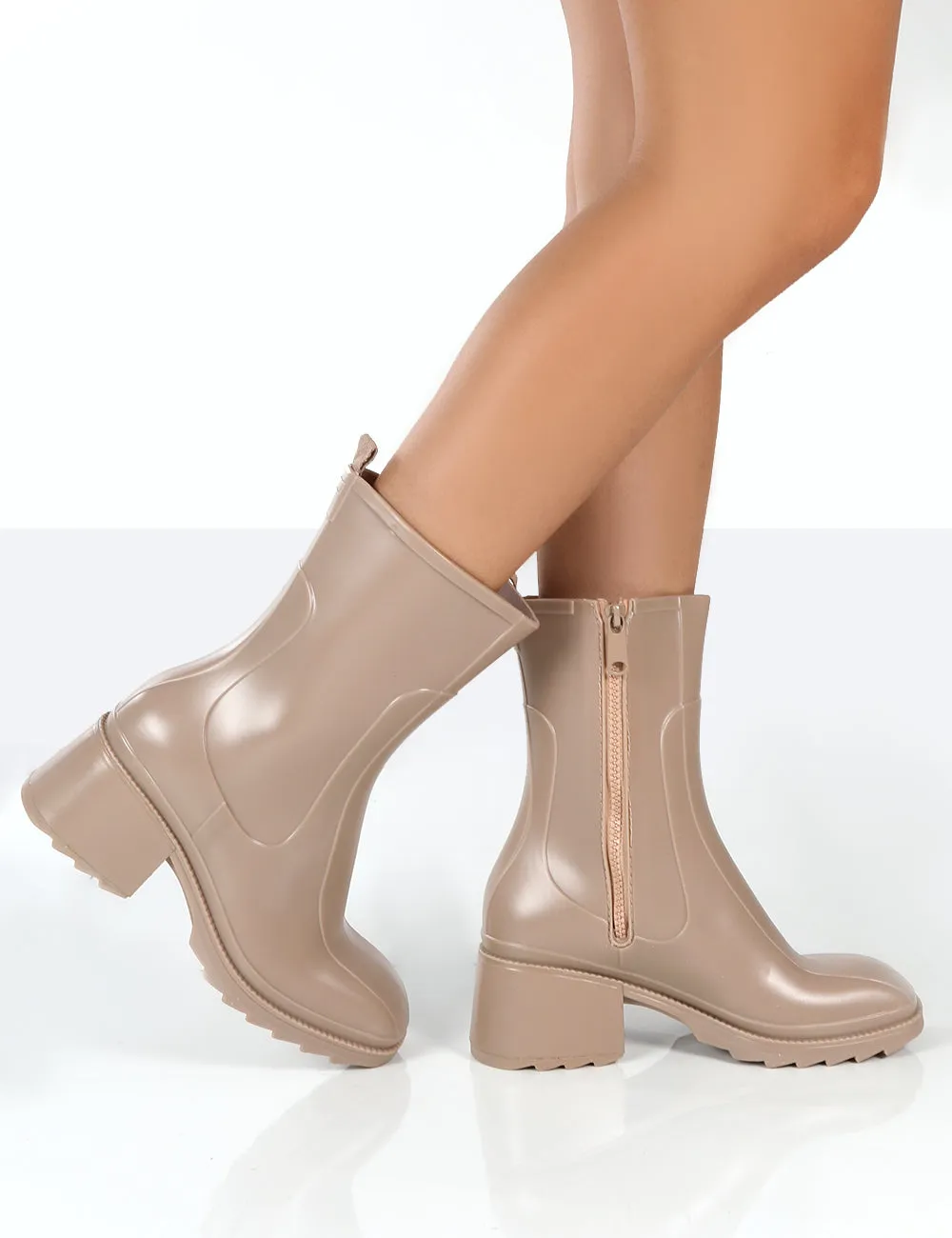 Rainyday Beige Chunky Zip Up Heeled Wellies