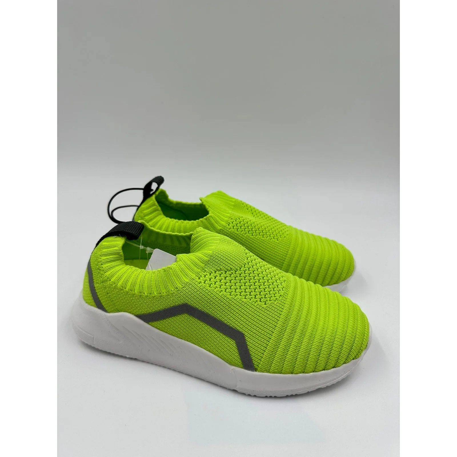 Small Kid Size 11, Neon Green Slip-on Shoes, with White Sole and Gray Accents