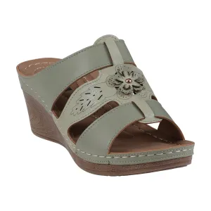 Spring Green Open Toe Triple Band Flower Wedge Sandals