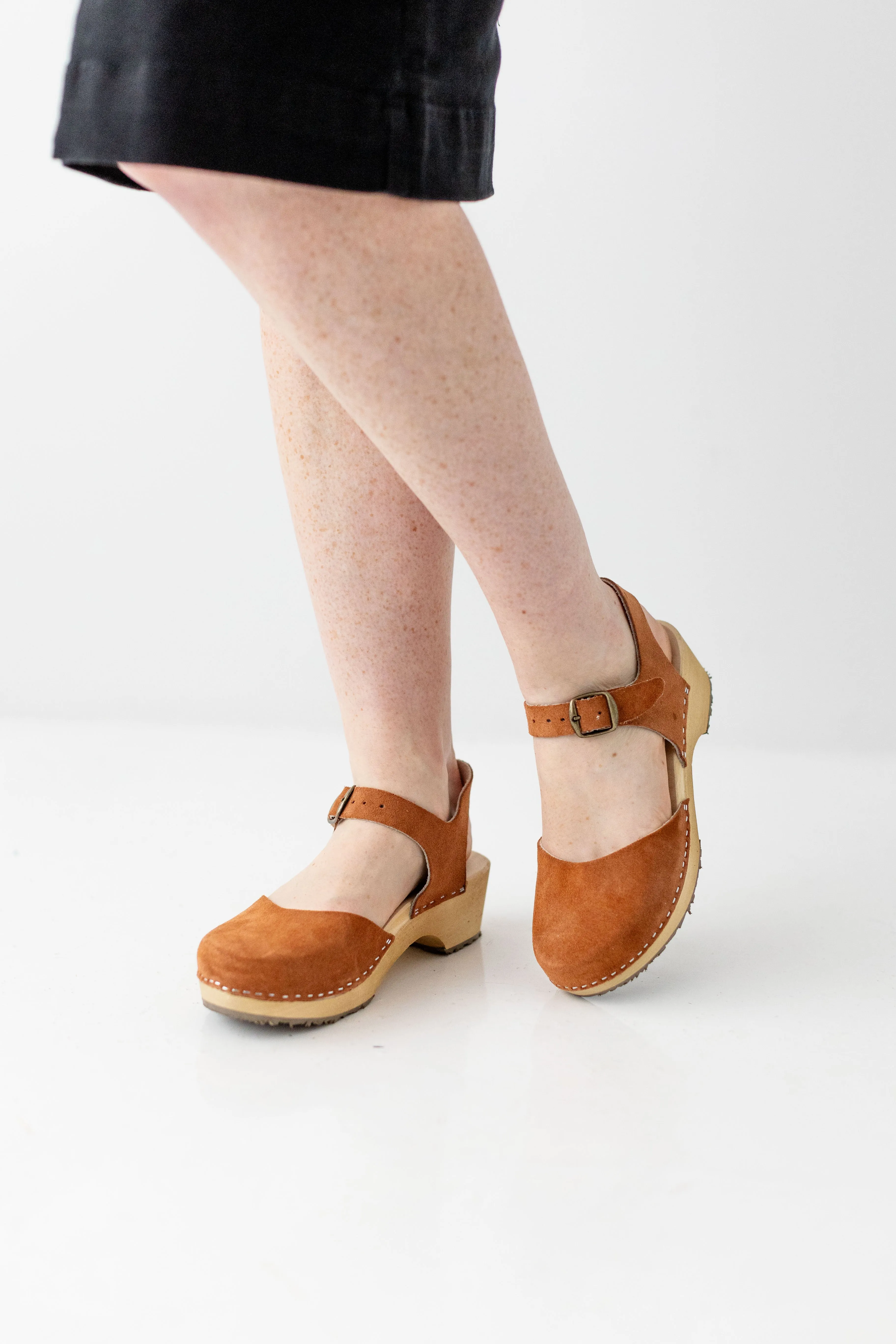 'Stockholm' Wood Heel Suede Clogs in Soft Brown