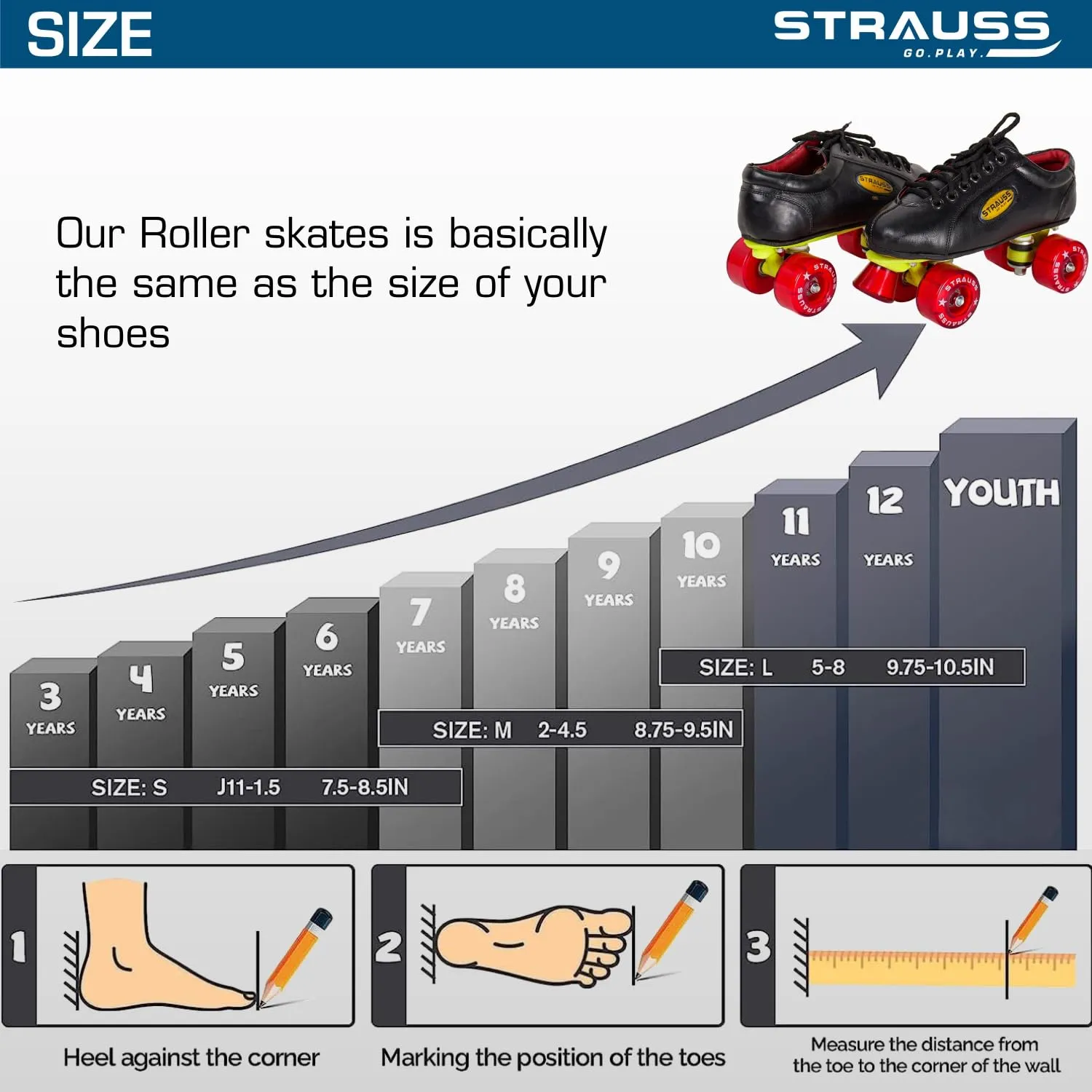 STRAUSS Gripper Skating Shoes | Fixed Body Roller Skates | Shoe Skate with PVC Wheel |Ideal for Boys, Girls and Kids |Suitable for All Skill Level | Ideal for Kids (8-9 Years), Size-1,(Red/Black)