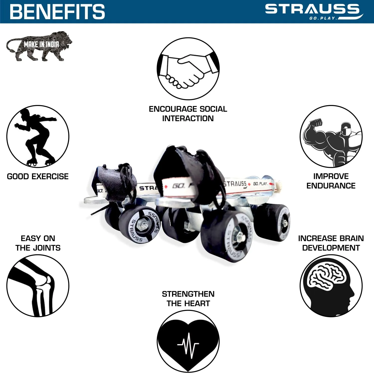 STRAUSS Junior Tenacity Roller Skates | Adjustable Shoe Size for Kids | 4 Wheels Skates for Boys and Girls | for Indoor and Outdoor Skating | Age Group 3-7 Years | Weight Capacity Upto 40kgs, Black