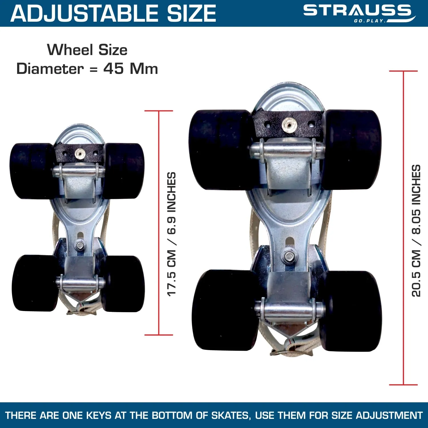 STRAUSS Junior Tenacity Roller Skates | Adjustable Shoe Size for Kids | 4 Wheels Skates for Boys and Girls | for Indoor and Outdoor Skating | Age Group 3-7 Years | Weight Capacity Upto 40kgs, Black