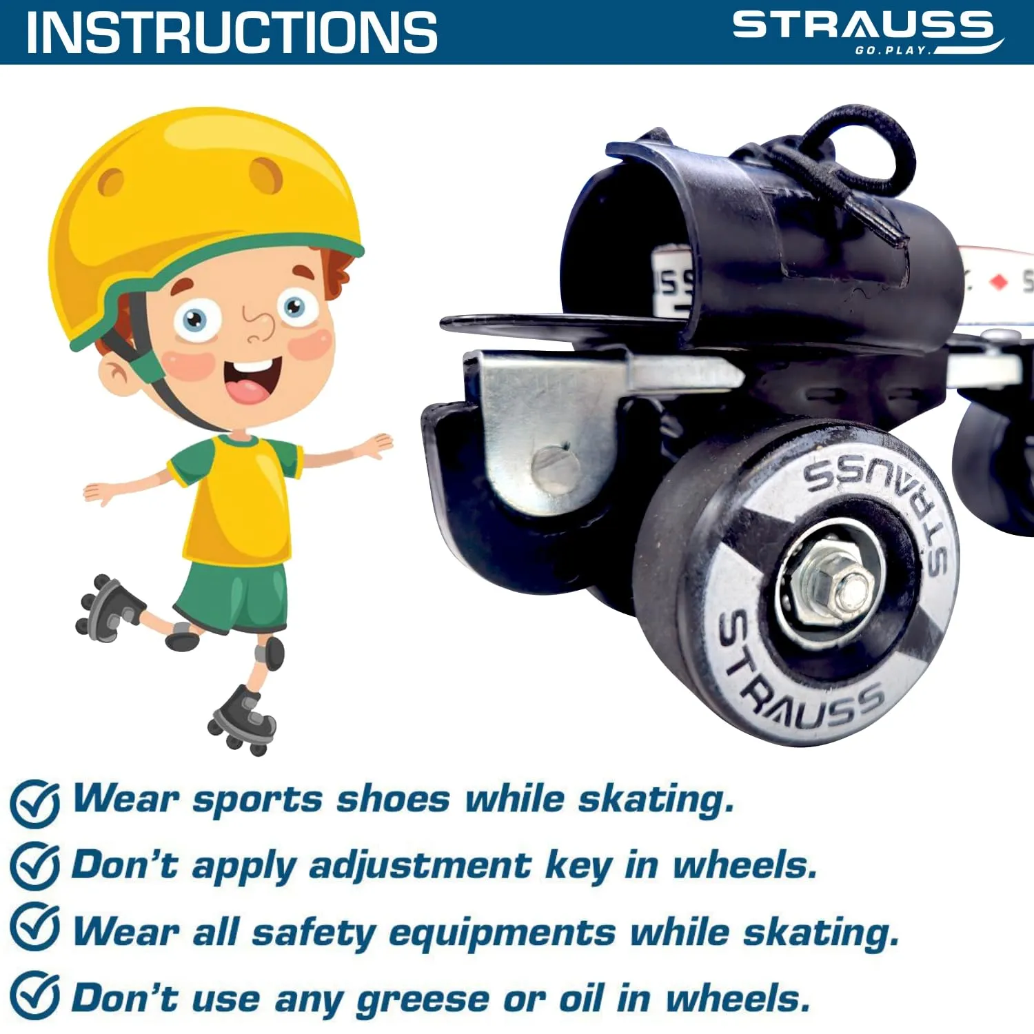 STRAUSS Junior Tenacity Roller Skates | Adjustable Shoe Size for kids | 4 Wheels Skates for Boys and Girls | for Indoor and Outdoor Skating | Age Group 3-7 Years | Weight Capacity upto 60kgs,(Black)