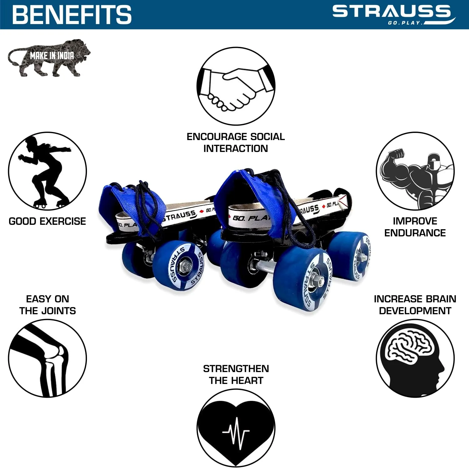 STRAUSS Senior Tenacity Roller Skates | Adjustable Shoe Size | 4 Wheels Skating Shoe for Boys and Girls | Ideal for Indoor and Outdoor Skating | Suitable for Age Group Above 9 Years, (Blue)