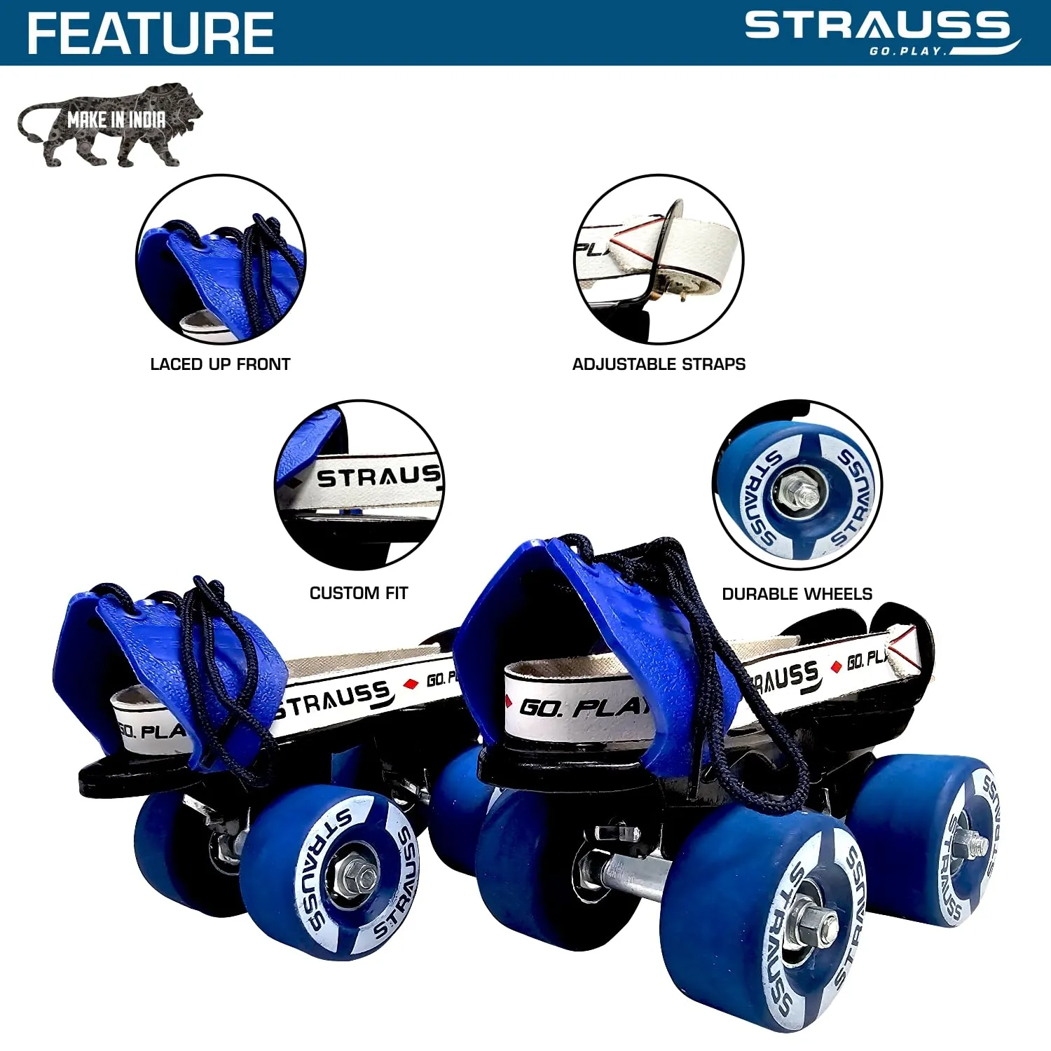 STRAUSS Senior Tenacity Roller Skates | Adjustable Shoe Size | 4 Wheels Skating Shoe for Boys and Girls | Ideal for Indoor and Outdoor Skating | Suitable for Age Group Above 9 Years, (Blue)