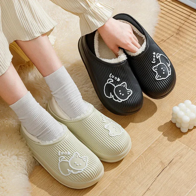 Winter Cozy Platform Man Women Slippers Fur Home Cotton Shoes Plush Waterproof Outdoor Fashion Cute Cat Slippers Non-slip Shoe