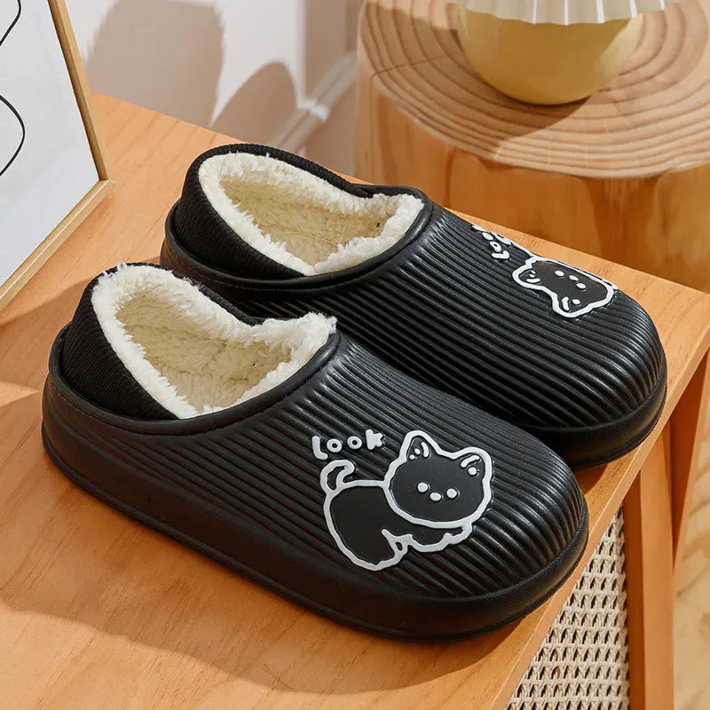 Winter Cozy Platform Man Women Slippers Fur Home Cotton Shoes Plush Waterproof Outdoor Fashion Cute Cat Slippers Non-slip Shoe