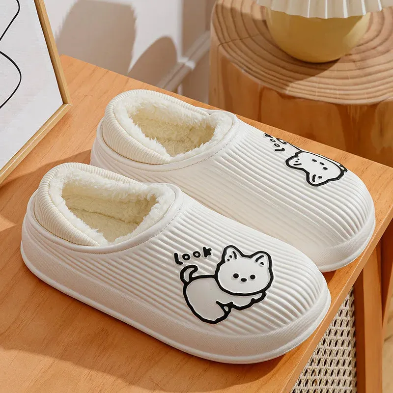 Winter Cozy Platform Man Women Slippers Fur Home Cotton Shoes Plush Waterproof Outdoor Fashion Cute Cat Slippers Non-slip Shoe