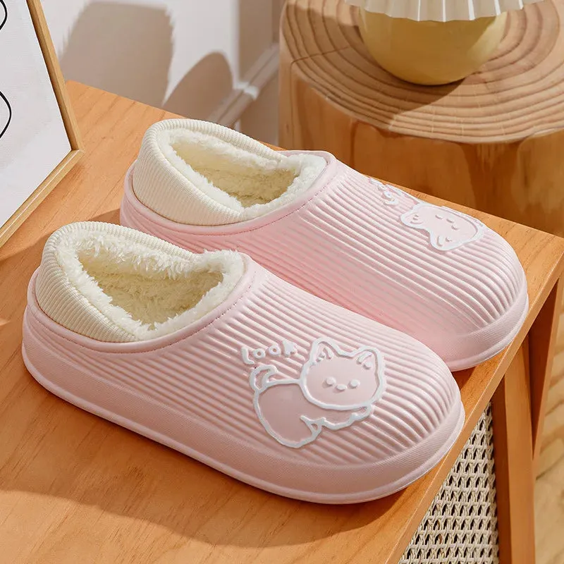 Winter Cozy Platform Man Women Slippers Fur Home Cotton Shoes Plush Waterproof Outdoor Fashion Cute Cat Slippers Non-slip Shoe