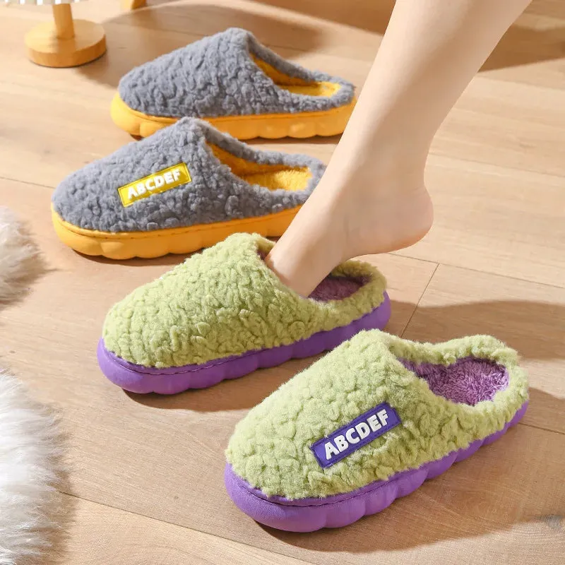 Women Men Plush Slippers Soft Cotton Slippers Shoes Fashion Color Contrast Non-Slip Floor Indoor Flop Slips Bedroom Warm Winter